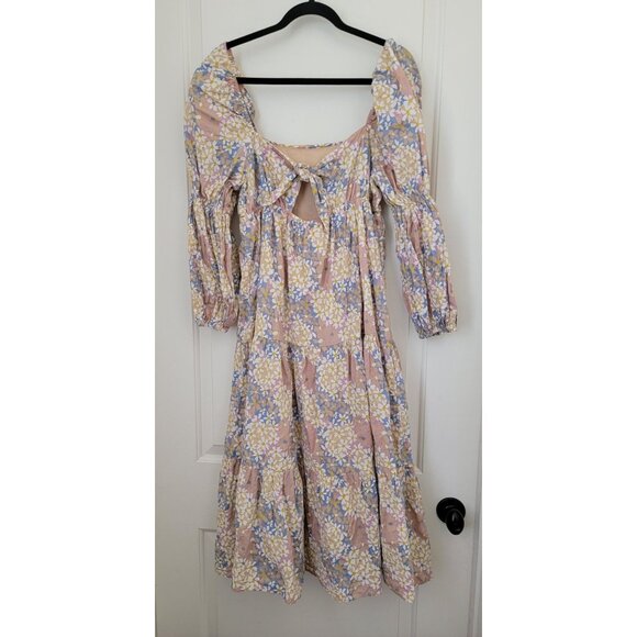 STORIA Floral Puff Sleeve Midi Dress With Back Tie & Tiered Skirt Women's Sz M - Picture 2 of 8